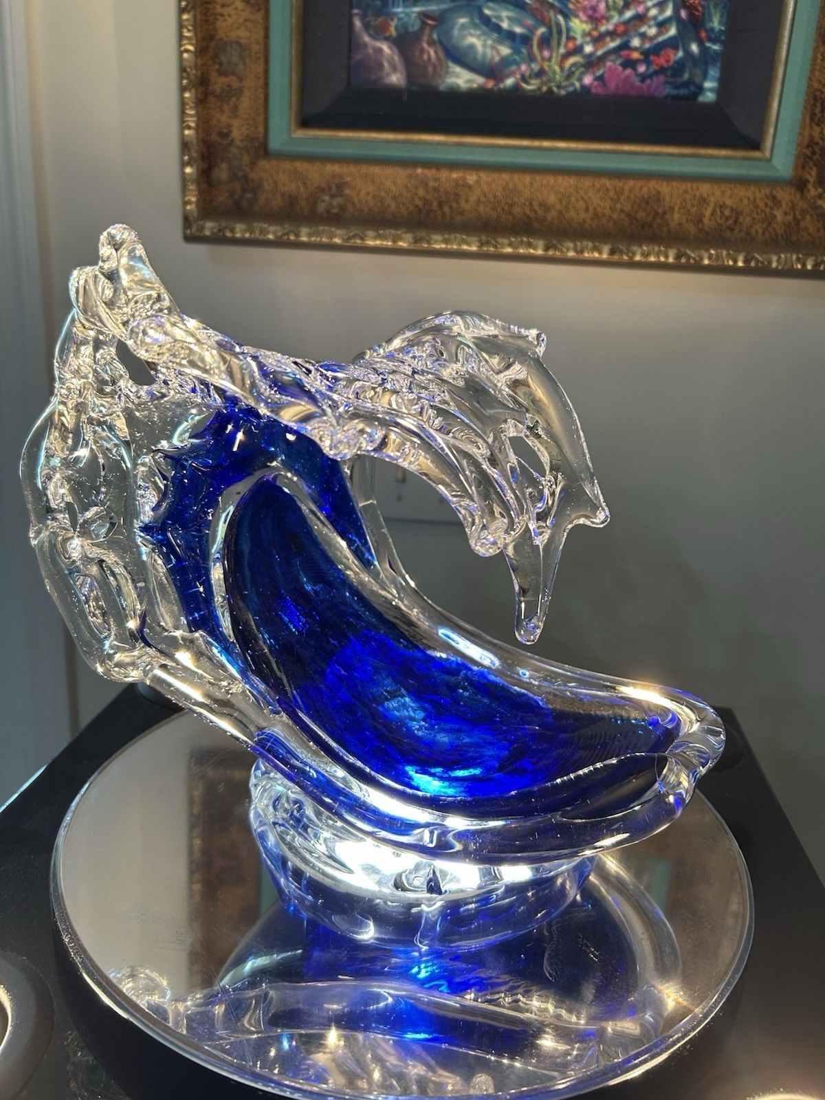 Blue & Clear Art Glass Wave Sculpture Decorative Accent Piece by David Wight