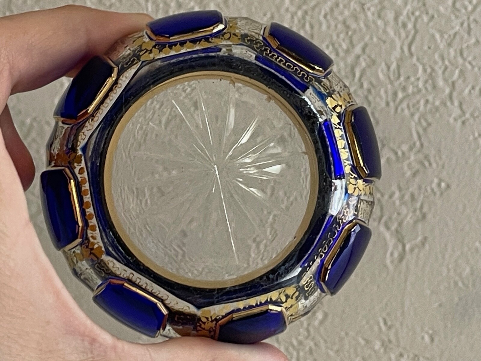 Vintage Antique Manner of Moser Cobalt Clear & Gold Faceted Glass Round Box