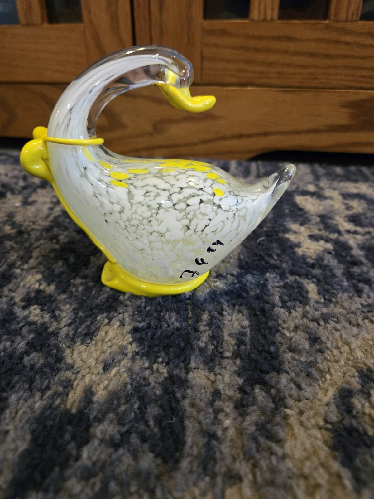 Paper Weight Murano Style Blown Art Glass Duck Bird Goose Yellow White Spotted