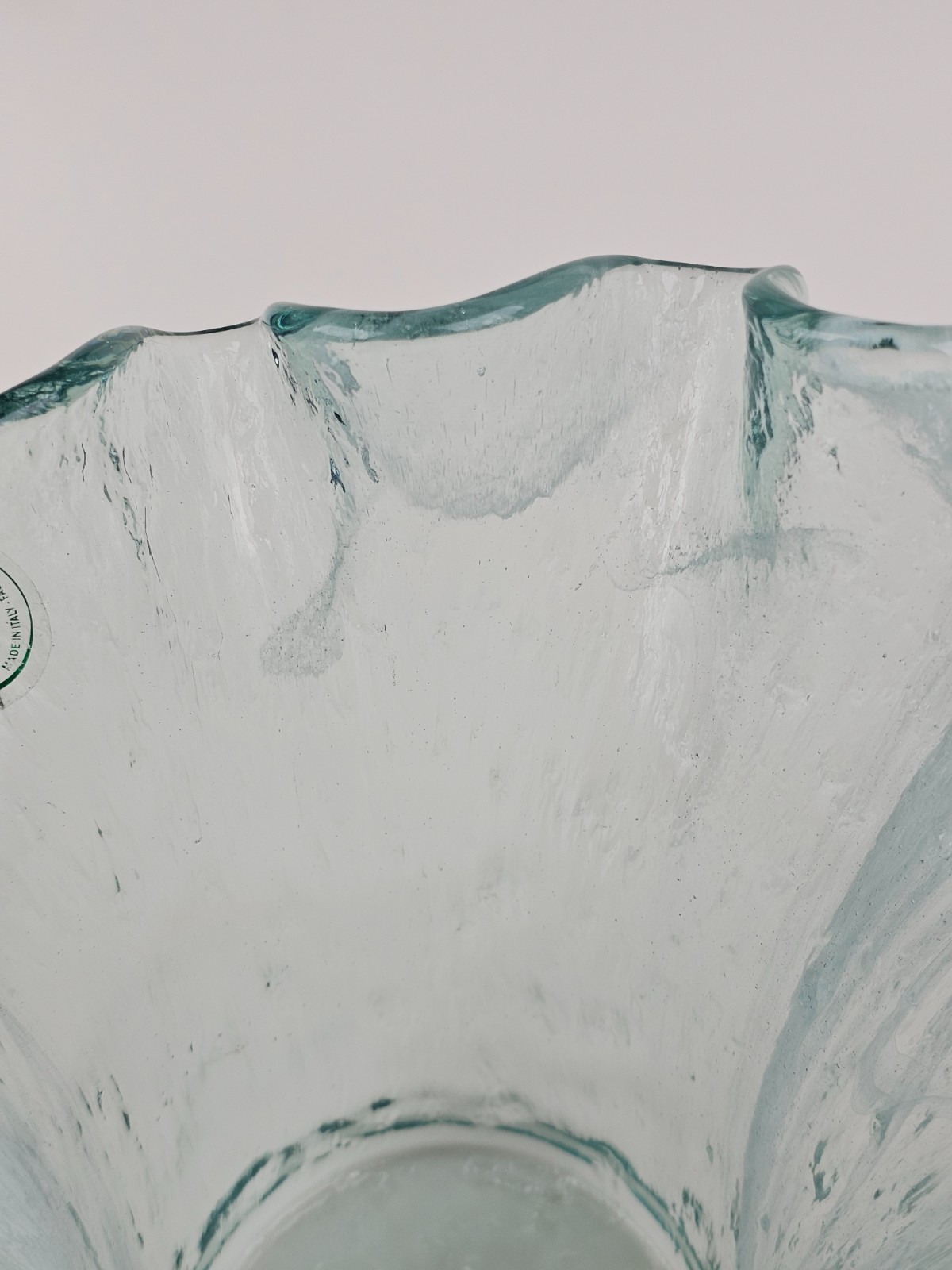 Murero Glass Aqua & White Large Handkerchief Vase or Luxury Trash Bin Italy 11″