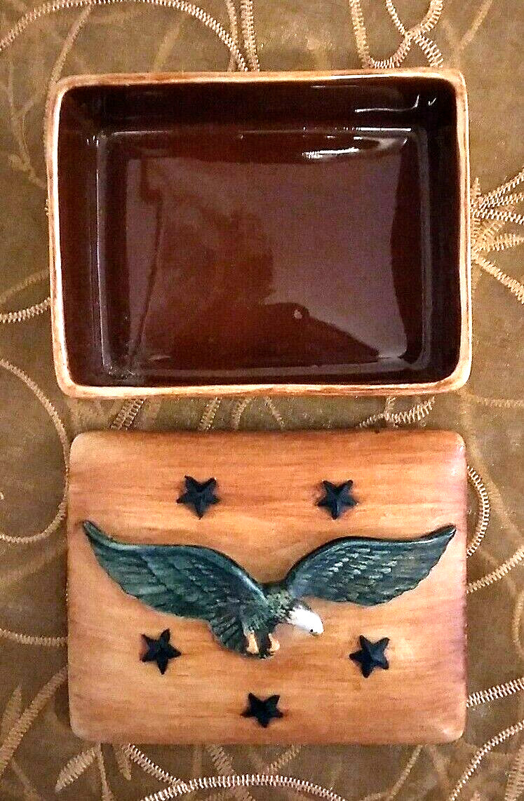 Pennsbury Pottery Ceramic Cigarette Trinket Box Patriotic Bald Eagle Stars USA