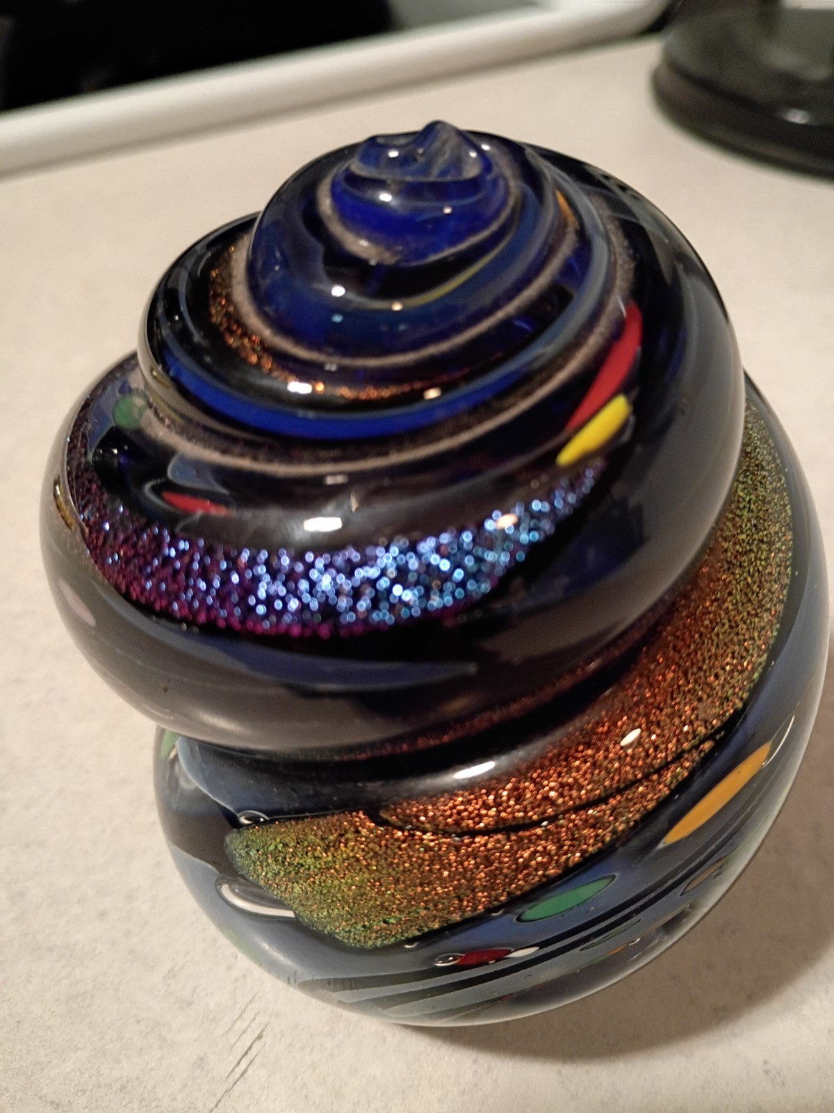 3.75″ Signed R Garrett Swirled Dichroic Spiral Art Glass Paperweight
