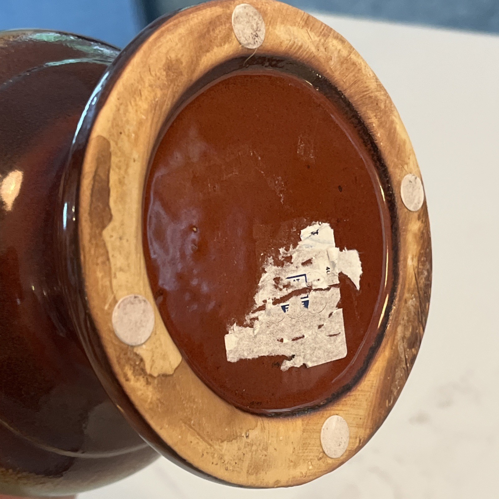 Brown & Blue Drip Glaze Pitcher Vase Mid-Century 14”