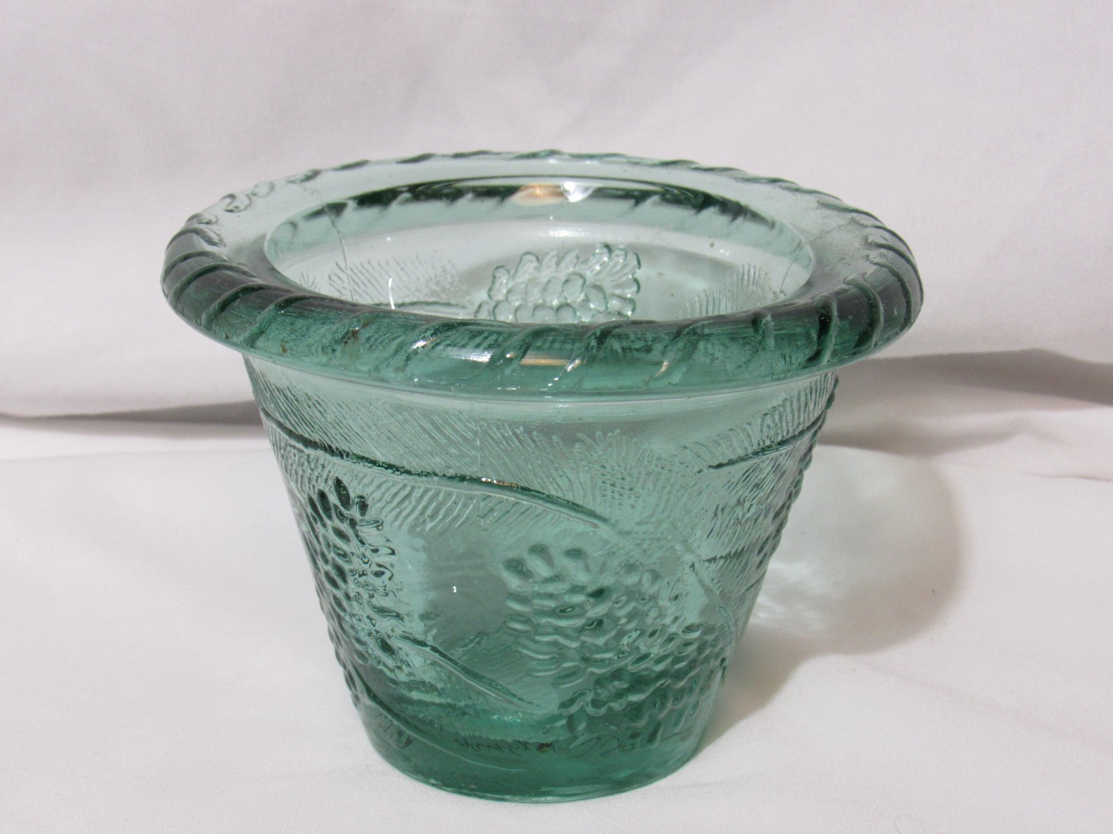 Heavy Green Glass Flower Pot Pine Cone Pattern Imported From Spain
