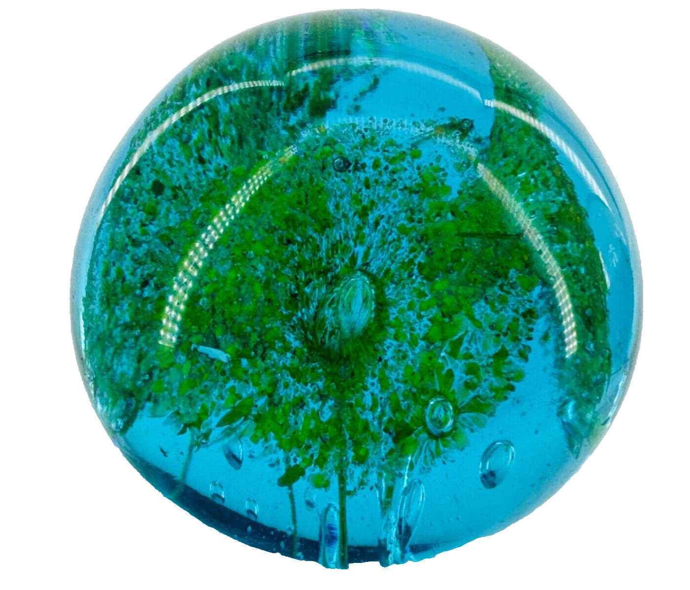 NICE blue background withGreen And Yellow Dandelion Art Glass Swirl Paperweight