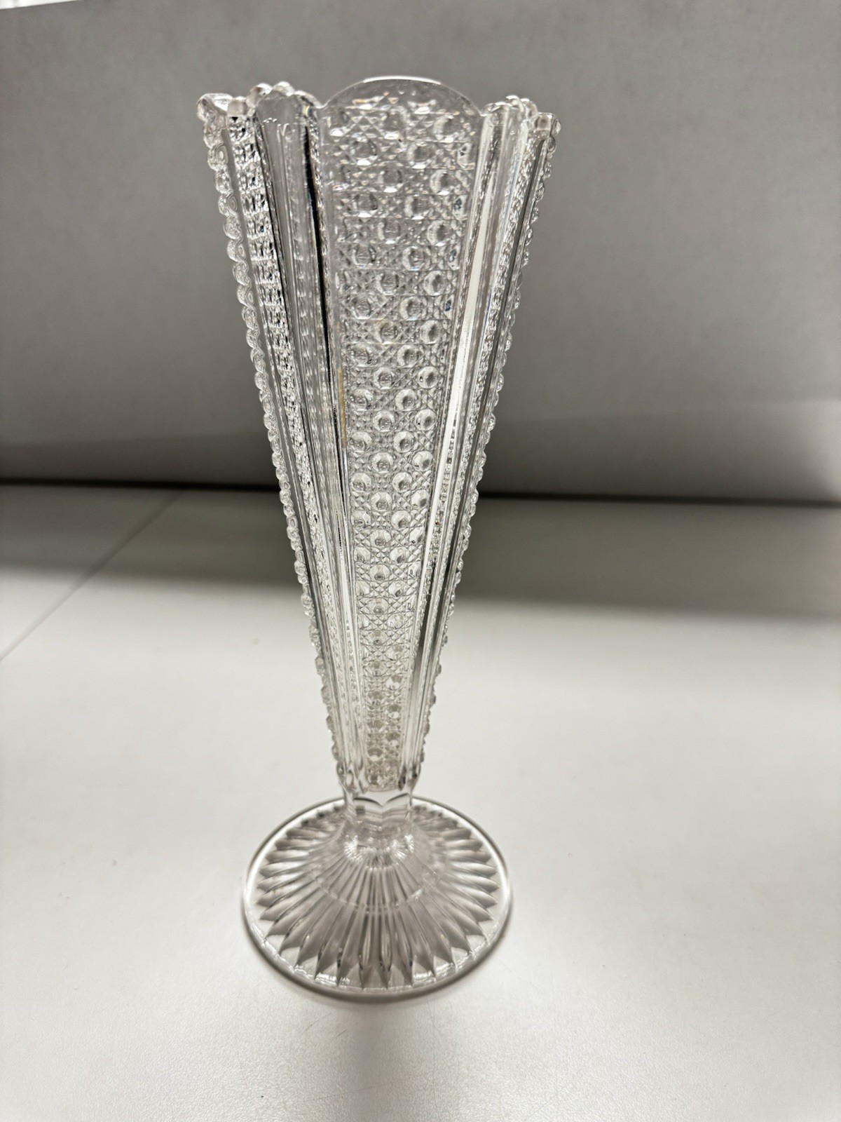 McKee Brothers EAPG Pressed Glass Rainbow Cut 10 1/4” Pedestal Bud Vase C. 1900