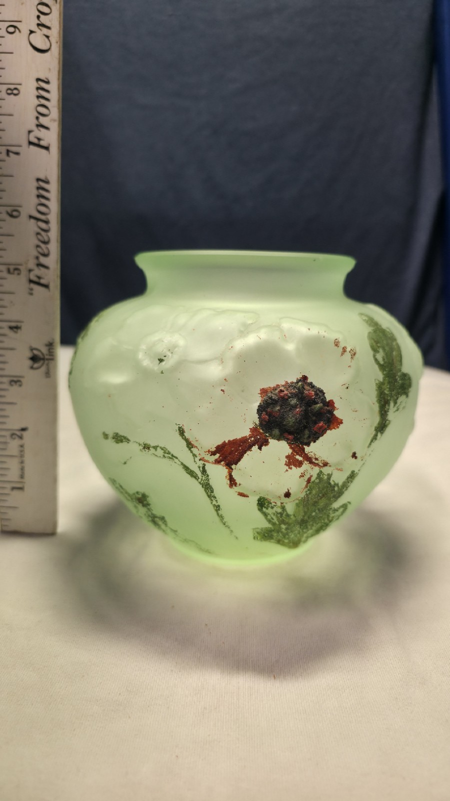 Antique Uranium Glass Floral Rose Bowl Satin Frosted UV Glow Vase