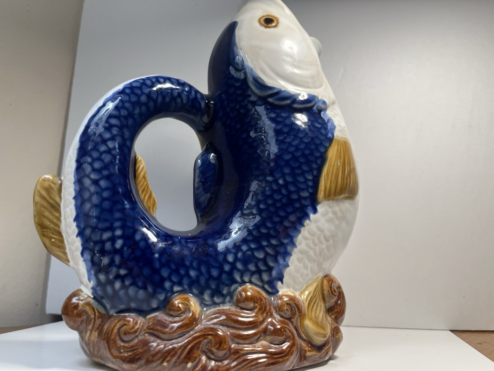 Mid Century Majolica-style Carp Koi Pitcher Or Vase Vintage Mediterranean