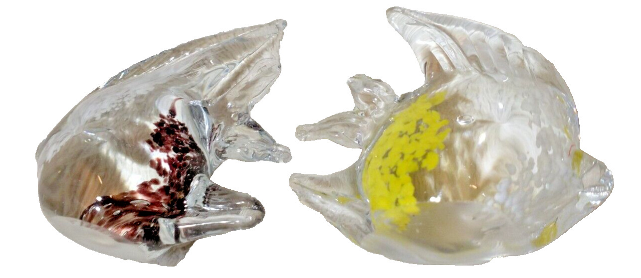 2 Art Glass Angel Fish Statue Clear Yellow White-Clear Black White Paperweight