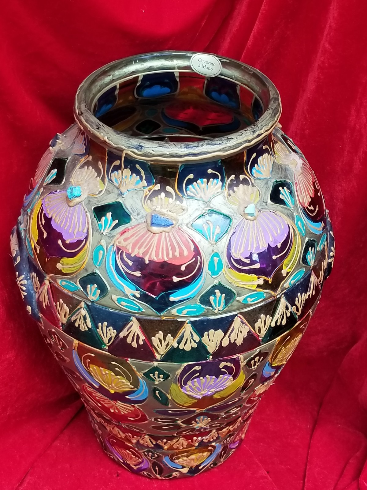 Italian Hand Painted Artisan Glass 17″ Tall Scott Shuptrine Baluster VASE vtg