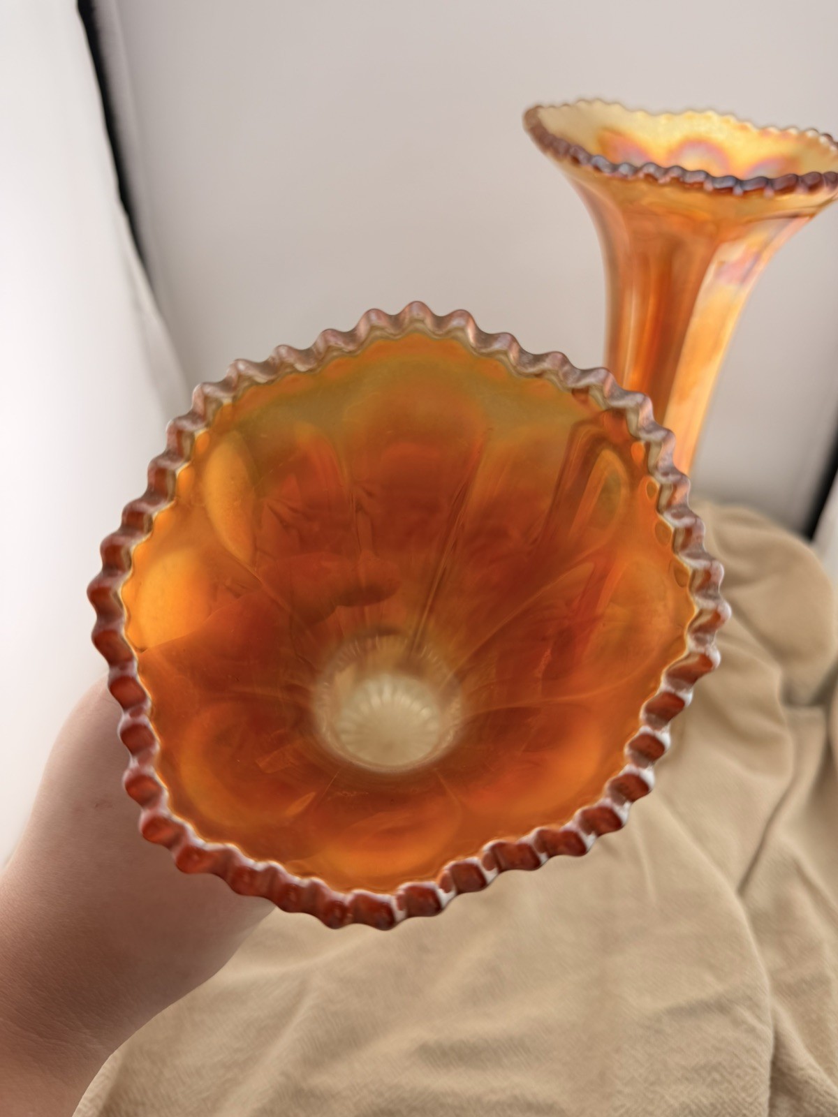 Pair Vintage Marigold Carnival Glass Trumpet Vases Ruffled Iridescent 12 In