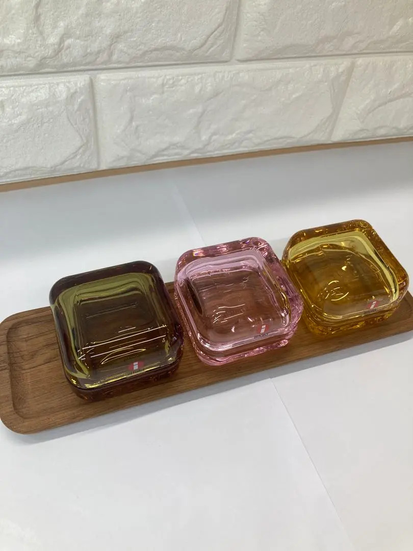 Iittala Vitriini Yellow Pink Rose Olive Trinket Box 6cm x 6cm 3 Set Rare Used FS