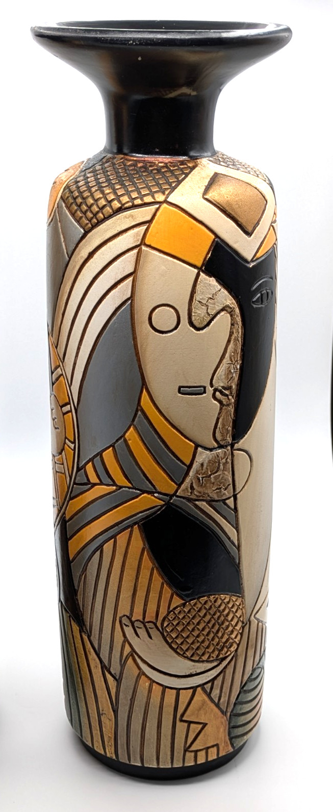 2 PICASSO STYLE CUBIST CERAMIC VASES MATCHED PAIR HAND PAINTED ABSTRACT FACE 16″