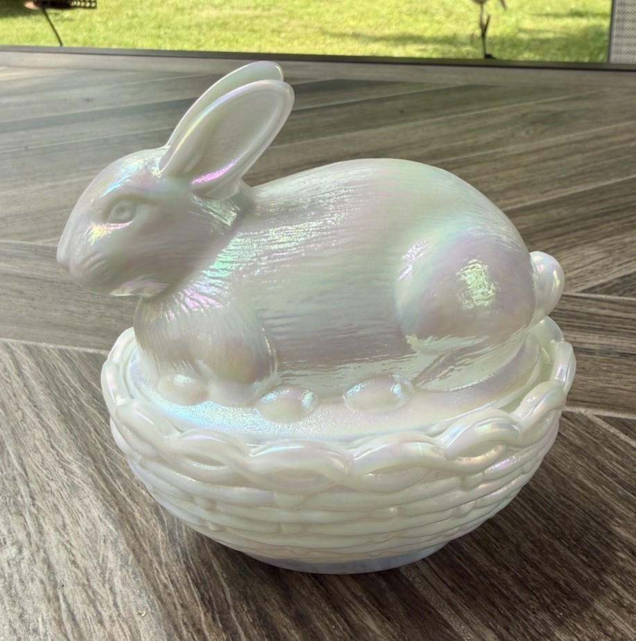 Mosser White Iridescent Glass Bunny on a Basket Lidded Trinket Box, Oval 5in