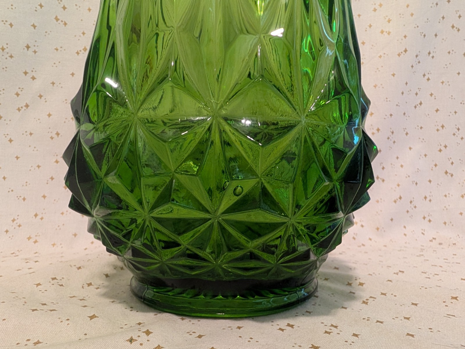 L.E. Smith Diamond Butt Swung Vase Avocado Green 22” MCM Glass