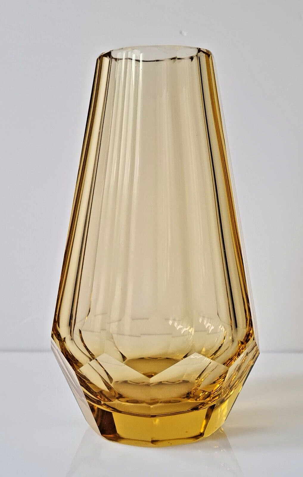 Antique Moser Art Deco Cut Glass Multi Sided Czech Bohemian Yellow Vase, 1919