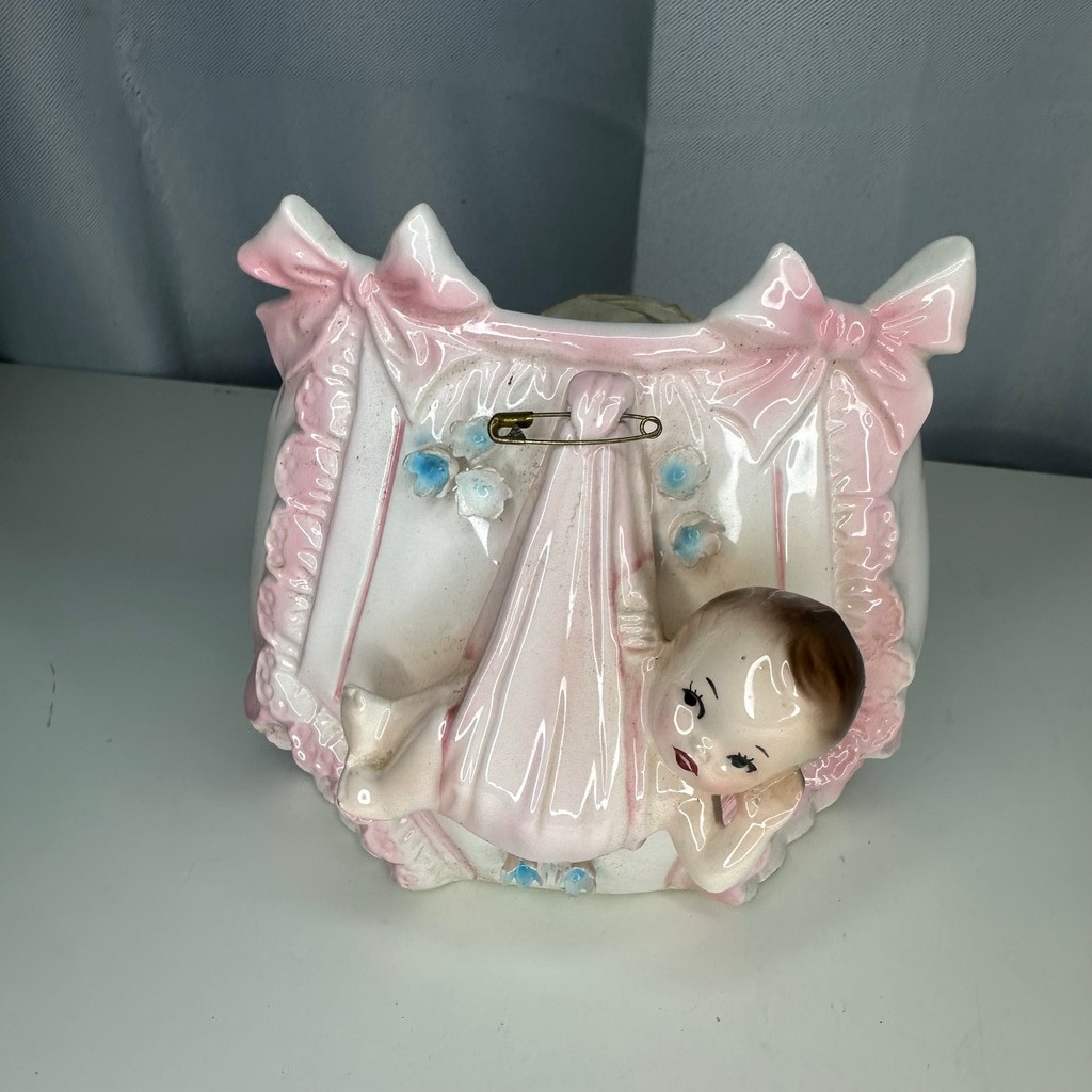 Vintage Ceramic Pink Baby Diaper Sling Wall Pocket Planter Rubens Japan 4921