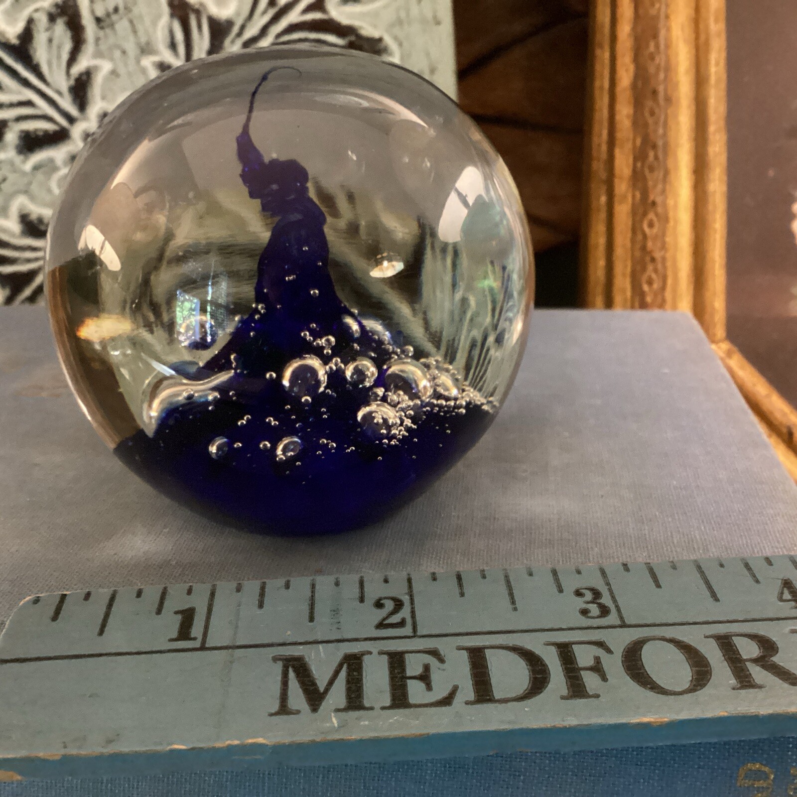 Paperweight Cobalt Blue Controlled Bubbles Boho Beautiful Gift art Glass Blown