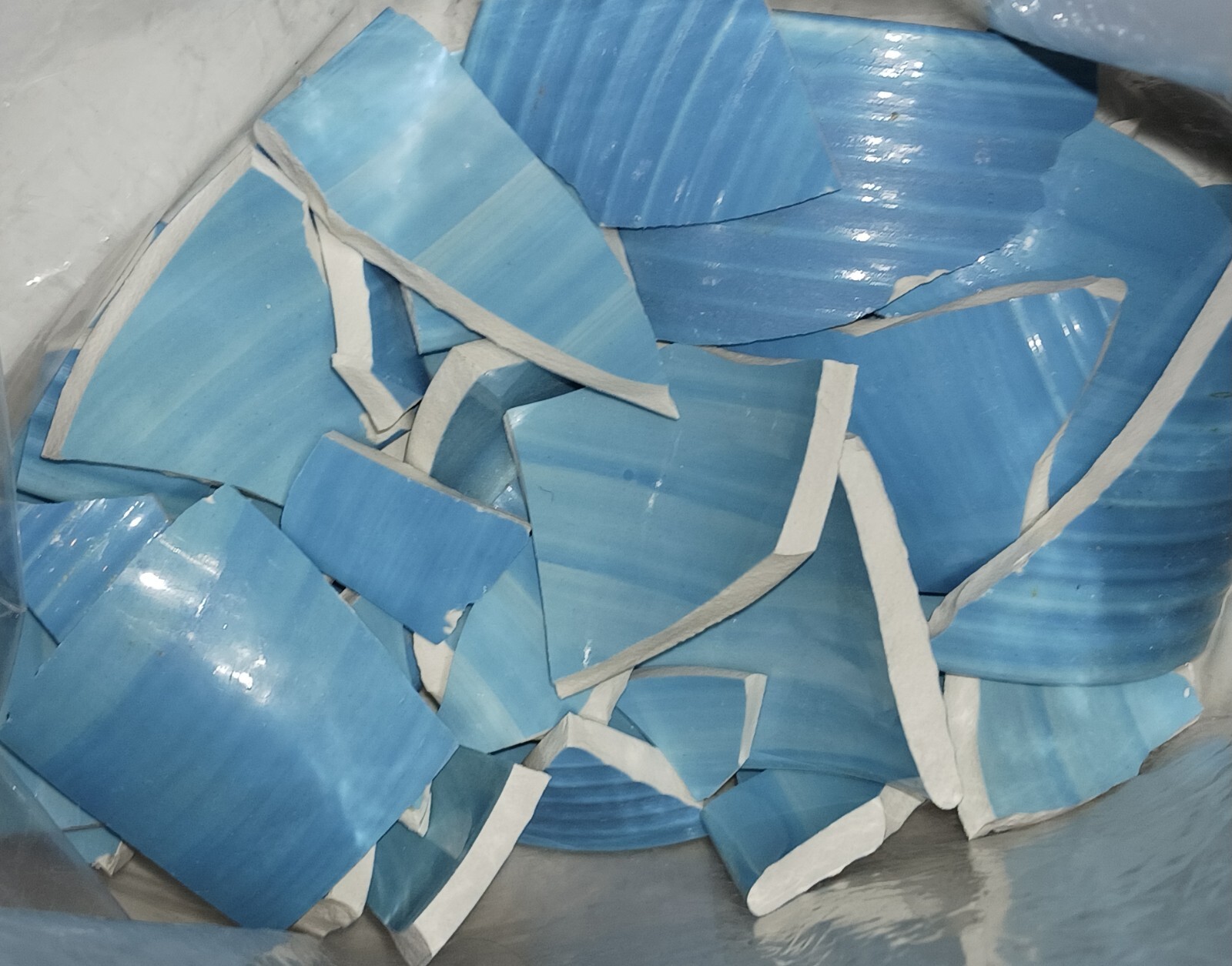 Broken Vintage Aqua Blue Striped Pottery Pieces 1 lb 9 oz for Craft/Mosiac/Art