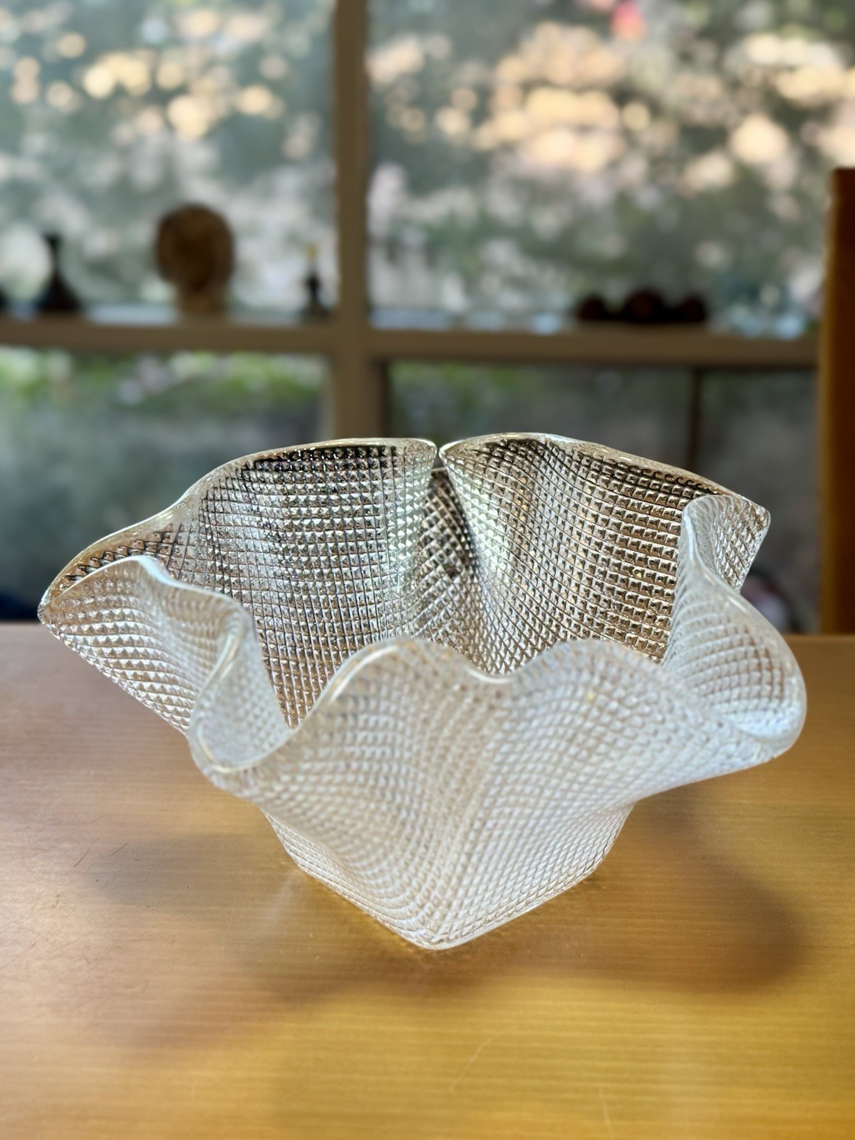 Murero Italy IVV Hand Blown Clear Diamond Textured Free Form Handkerchief Vase