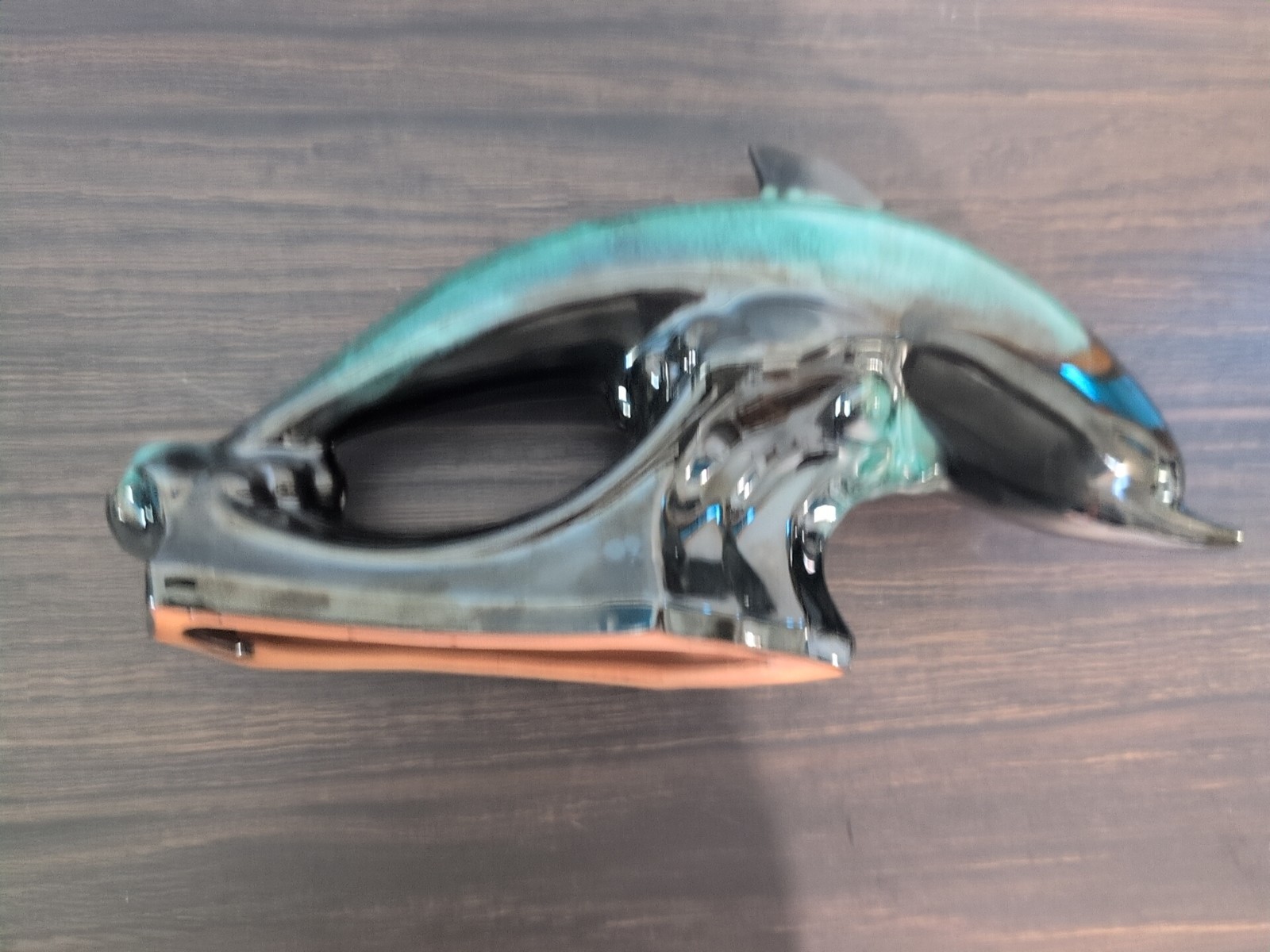 VTG Blue Mountain Pottery Jumping Dolphin Drip Glaze Turquoise Black Waves 12”