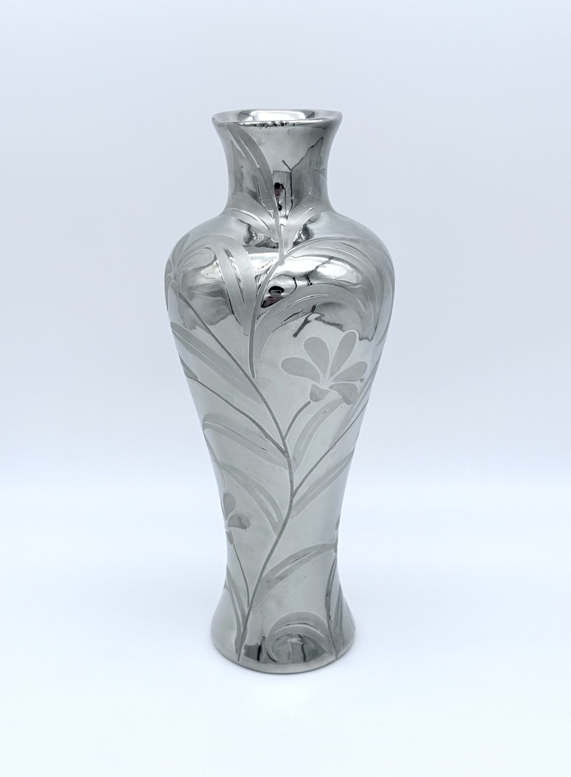 Art Nouveau Silver / Pewter Overlay Glass Vase 11.75″ Tall Floral Motif Unmarked