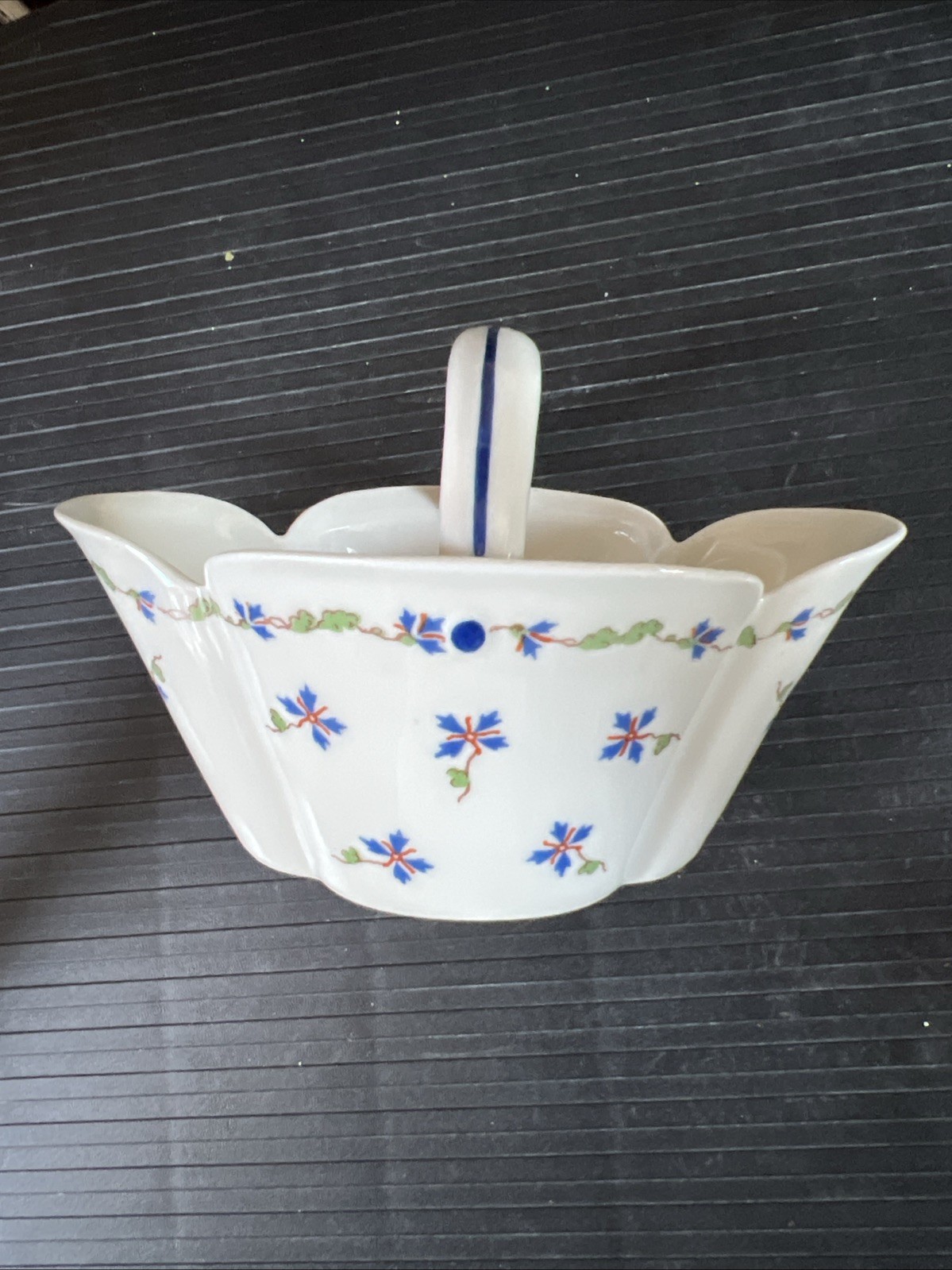 Haviland Limoges Basket Candy Trinket Dish Blue Floral w/Blue Stripe Handle Exc