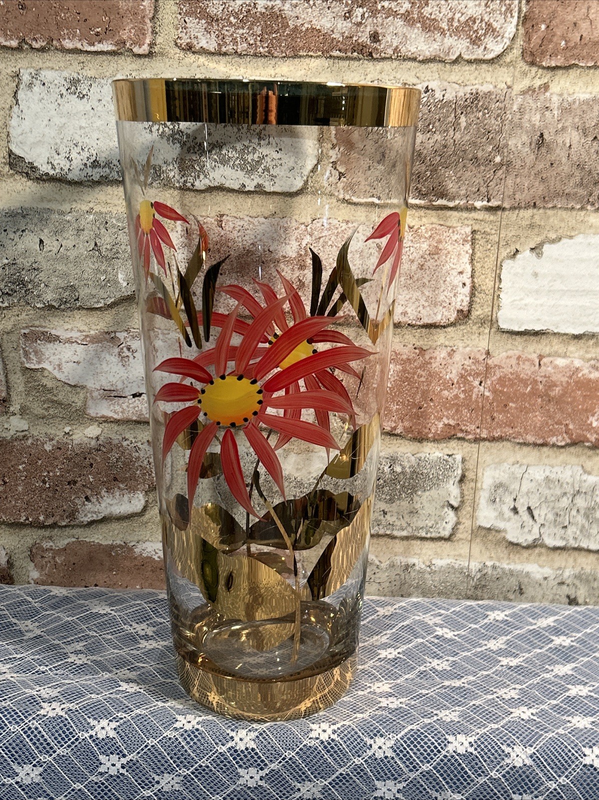 Hand Painted Vase~Gold Band~Floral Design~ Mid-Century Modern~Romania~MCM