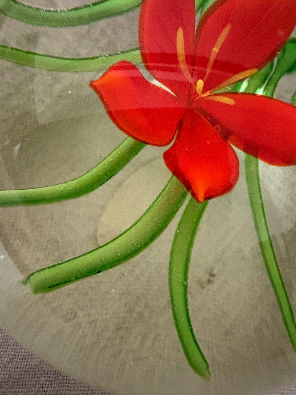 Paperweight Heavy Glass With Red Flower and Green Leaves (Vintage)