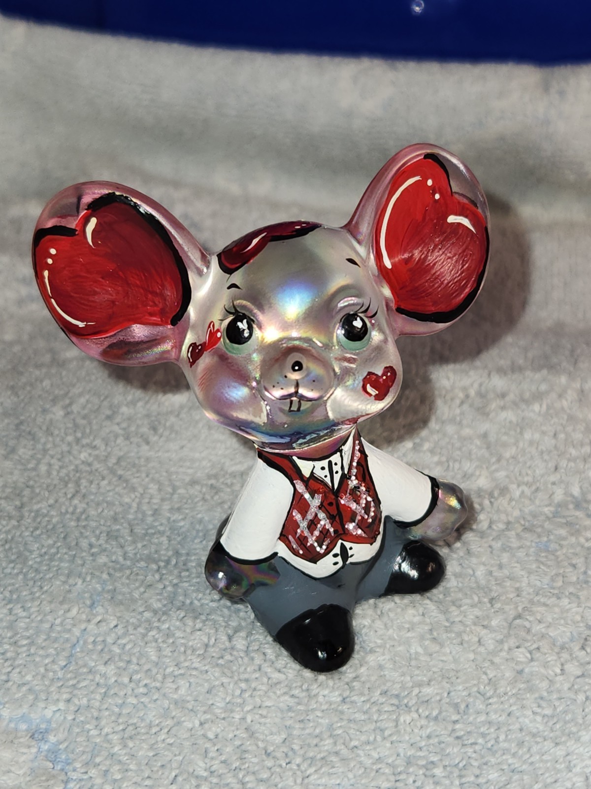 Fenton OOAK Clear Mouse w/Red Hearts Rachelle 2025