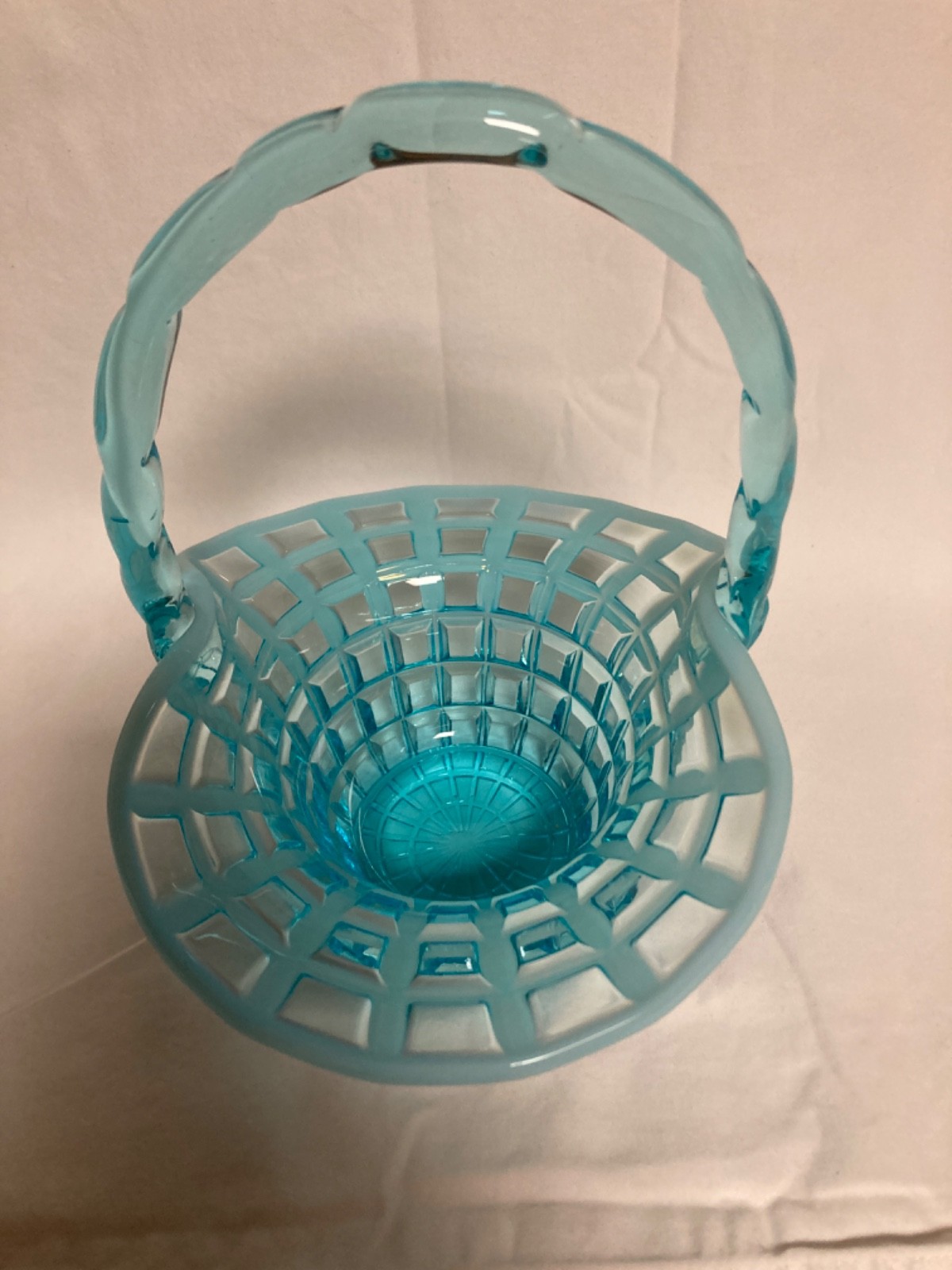 Fenton Waffle Glass Basket, Aqua Blue Opalescent, 1960 Beatty Waffle Pattern