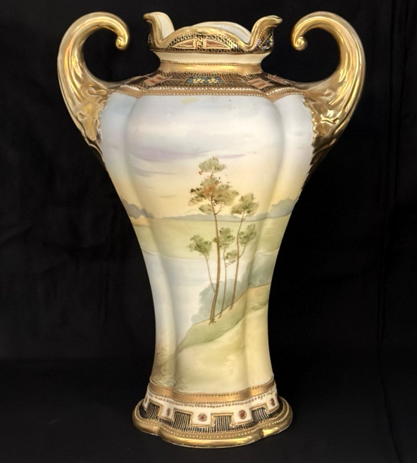 NIPPON 11″ VASE WITH SWAN SCENE & GILT HANDLES….SIGNED & MINT!