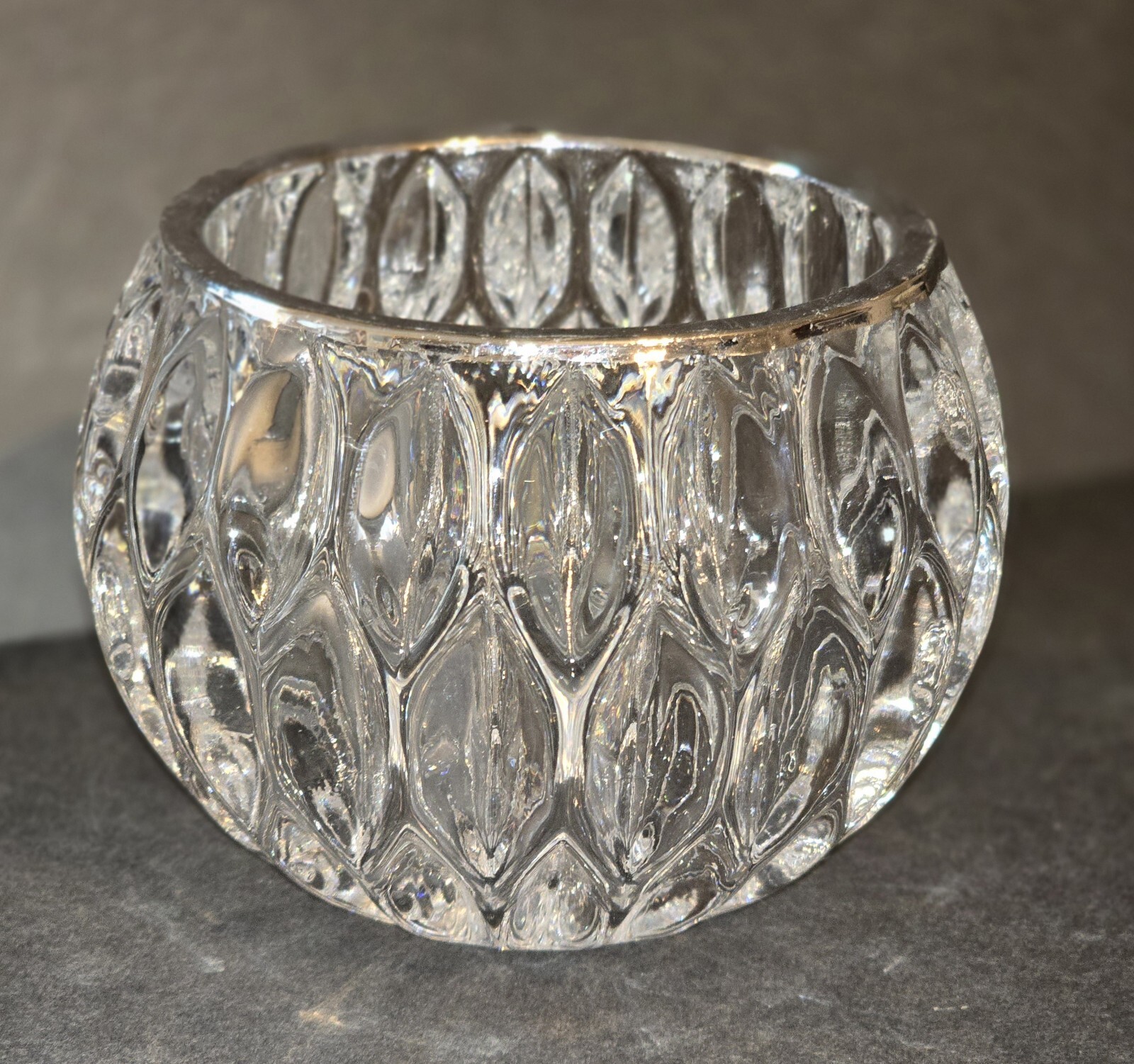 Teardrop Pressed Crystal Glass Votive Candle Holder Vase Silver Banded Elegance