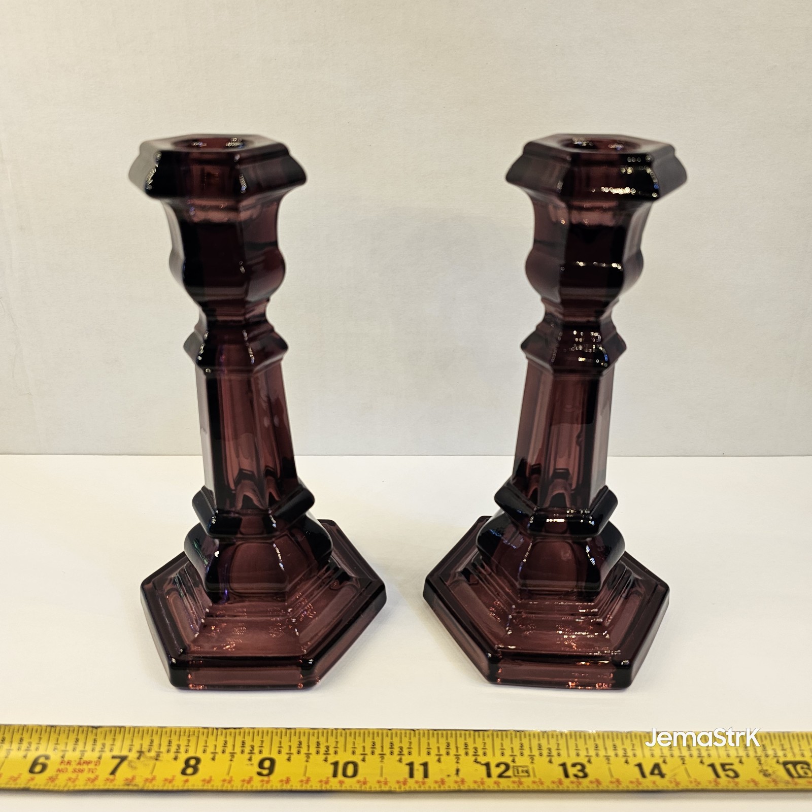 VTG 7.5″ Amethyst Glass Candlestick Pair Purple Hexagonal Metropolitan MUSEUM