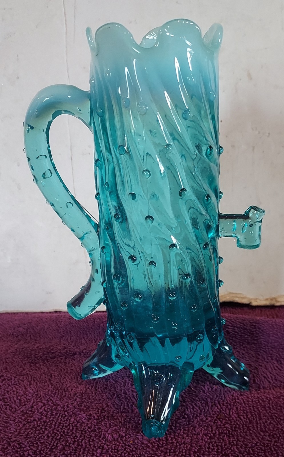 Northwood Aqua Blue Opalescent Town Pump Tree Trunk Vase/ Pitcher # 1