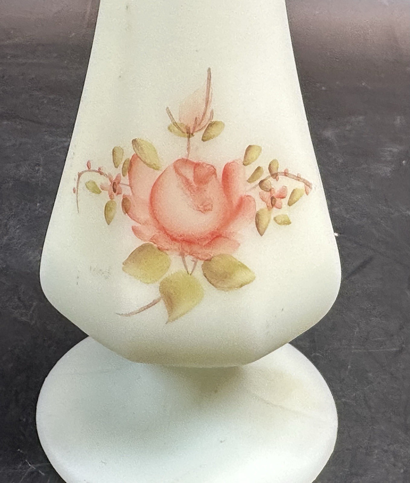 Fenton Satin Custard Glass Uranium Painted 8.5 Inch Vase Signed