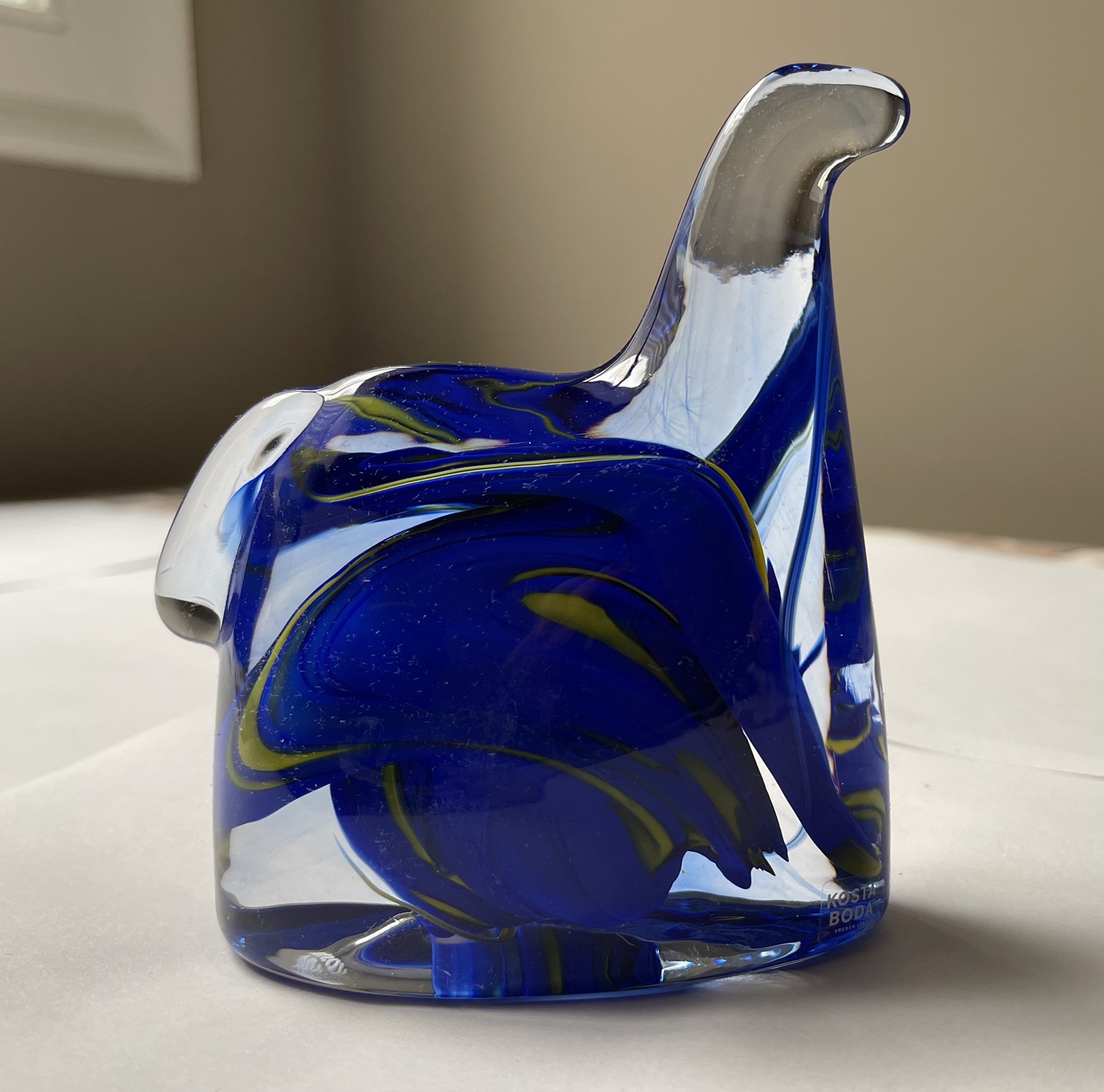 Kosta Boda Swedish Horse Art Glass Figure w/ Cobalt Blue & Yellow Swirls Sweden