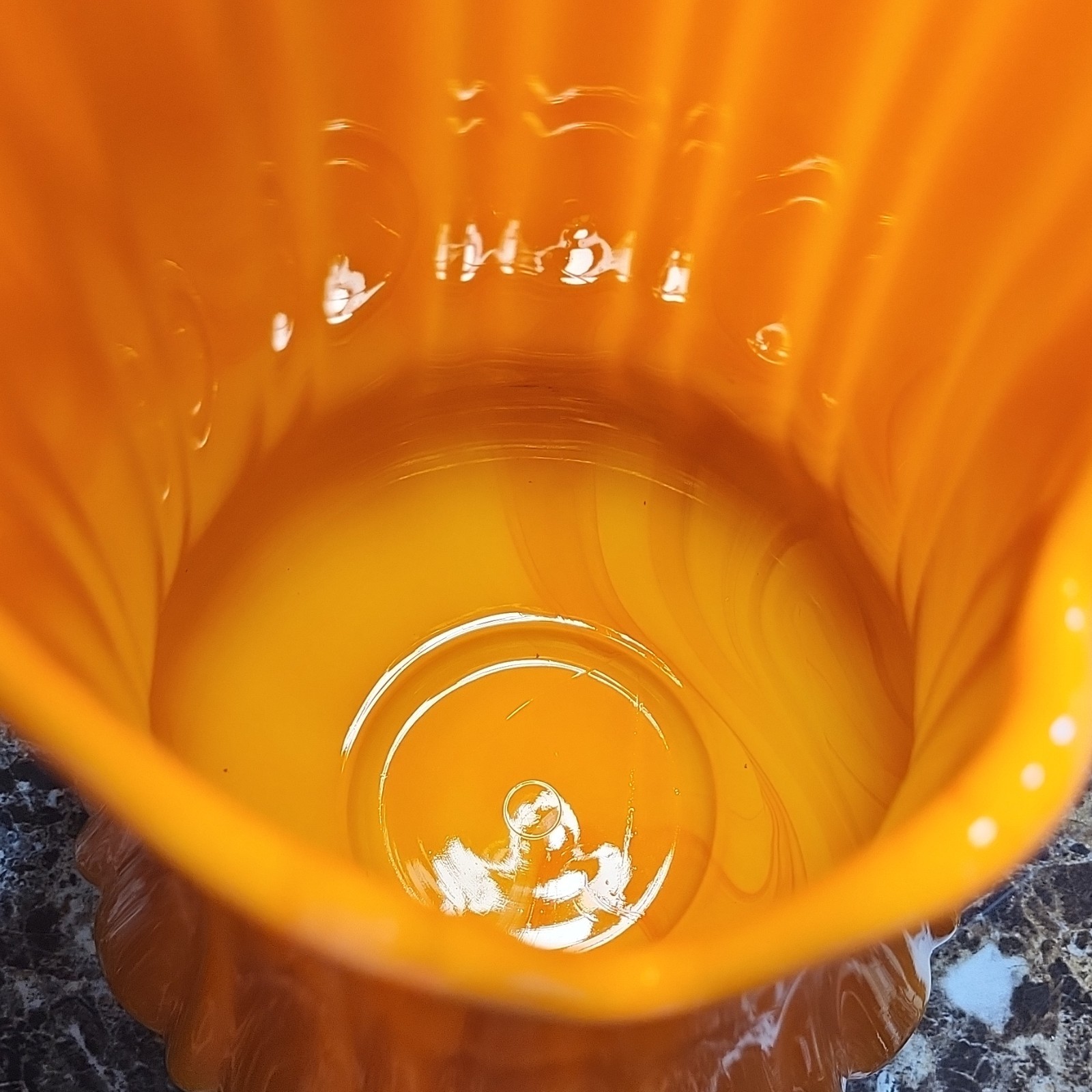 Orange & Yellow Ribbed Art Glass Vase, Decorative Glossy Finish