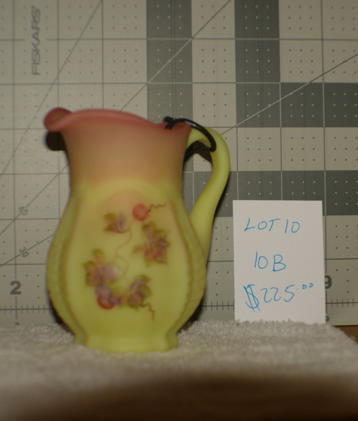 Fenton Burmese 4 1/2 in Jug Vase hand painted grape vines 190/1500