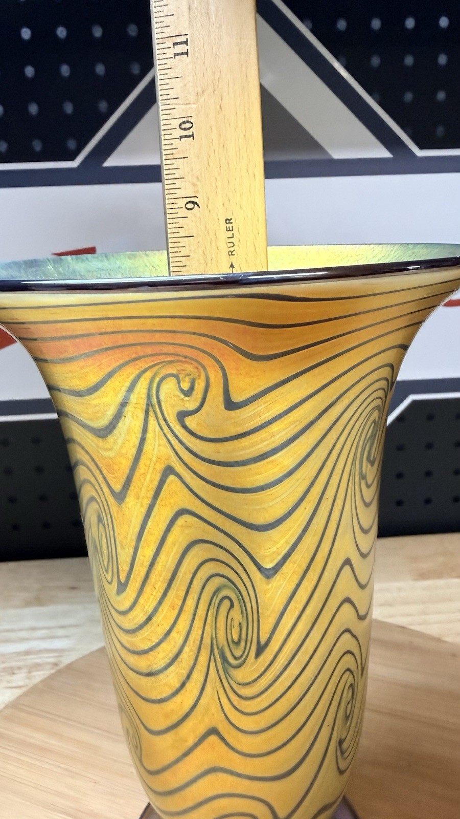 Lundberg Studios Signed 1999 Iridescent Art Glass Swirl Vase Gold Blue 9”