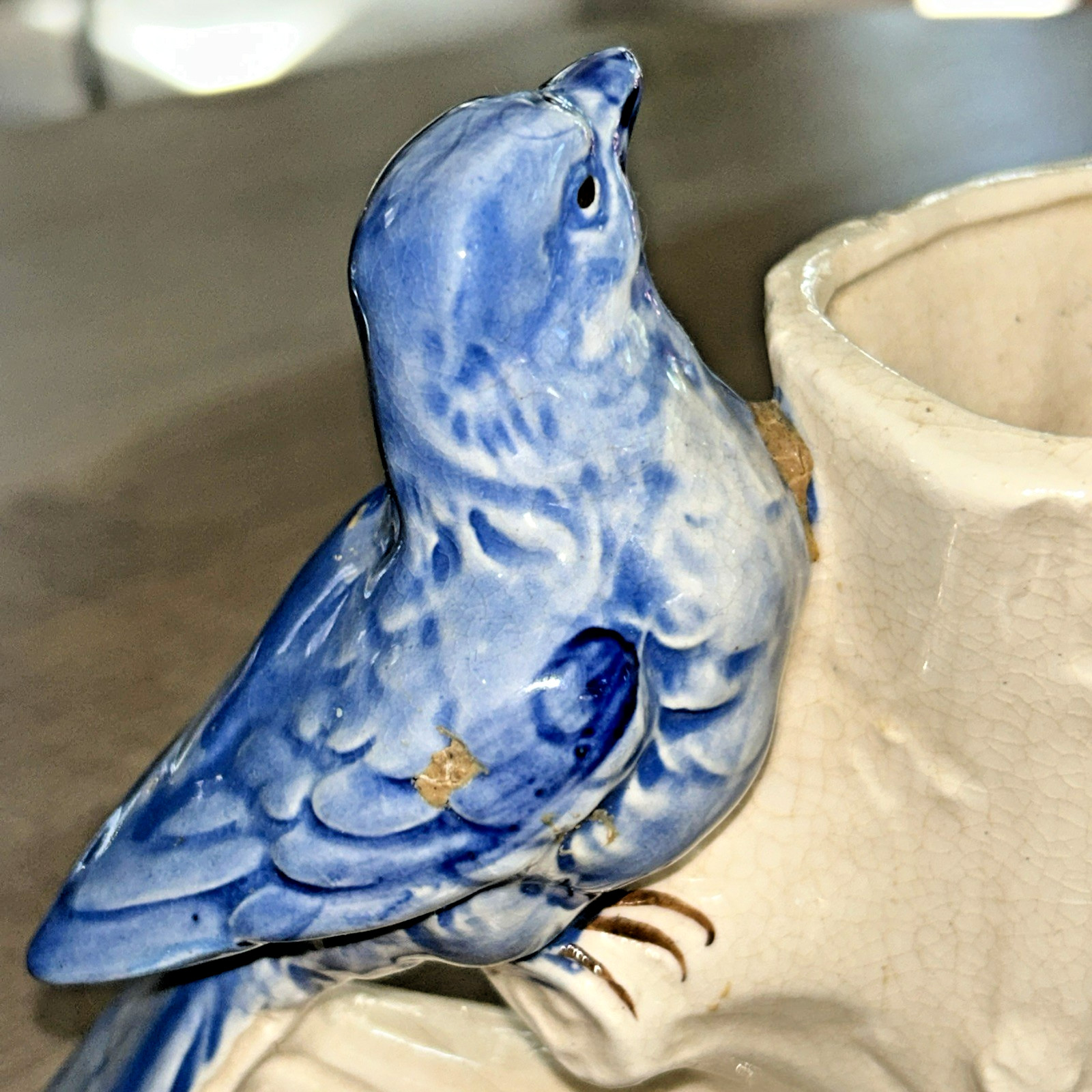 Vintage Ceramic Blue Bird Perched on Branch Planter Tree Trunk with Bird