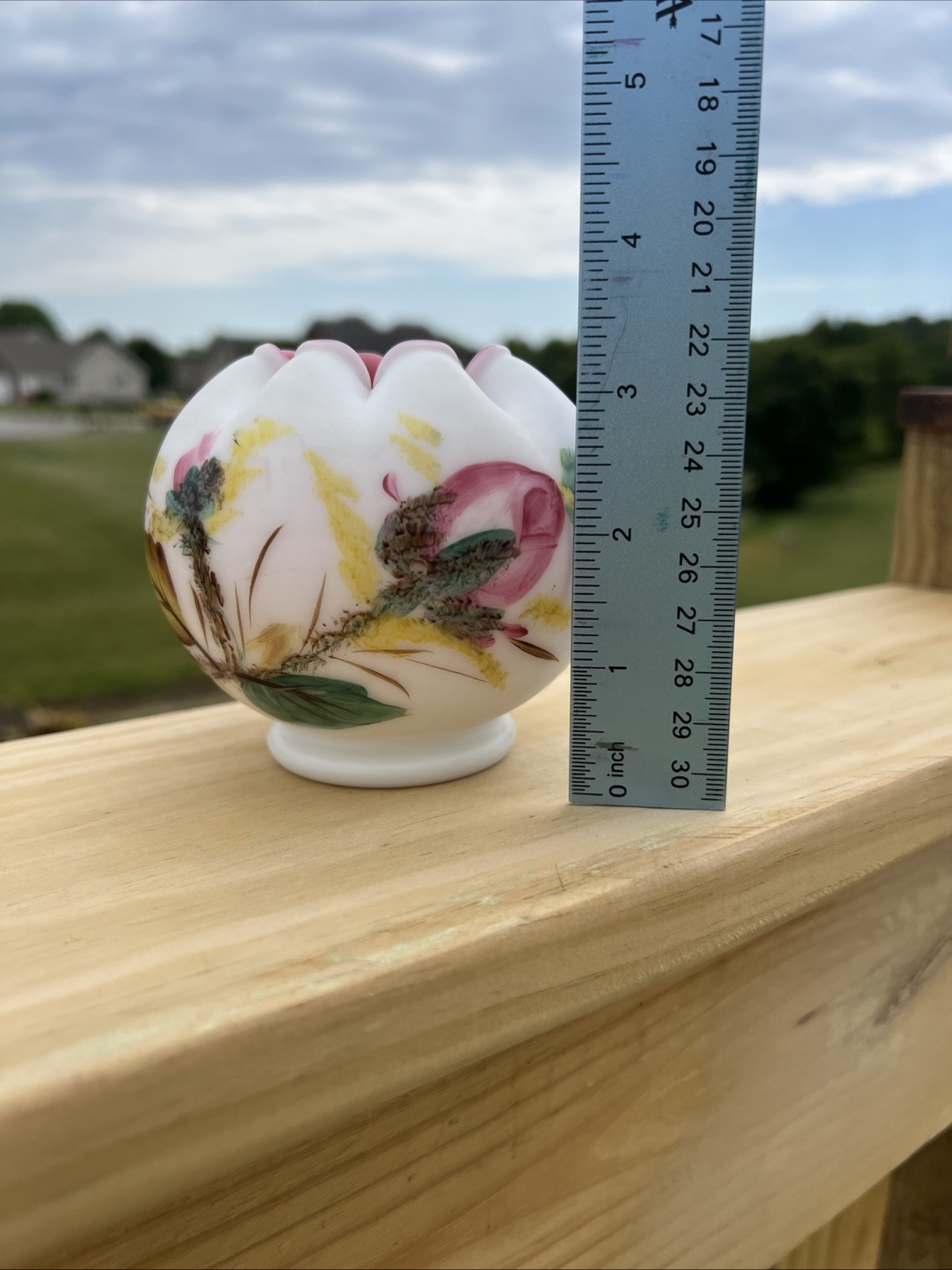 Vintage Fenton LG Wright Peach Blow Moss Rose Glass Rose Bowl Satin Hand Painted