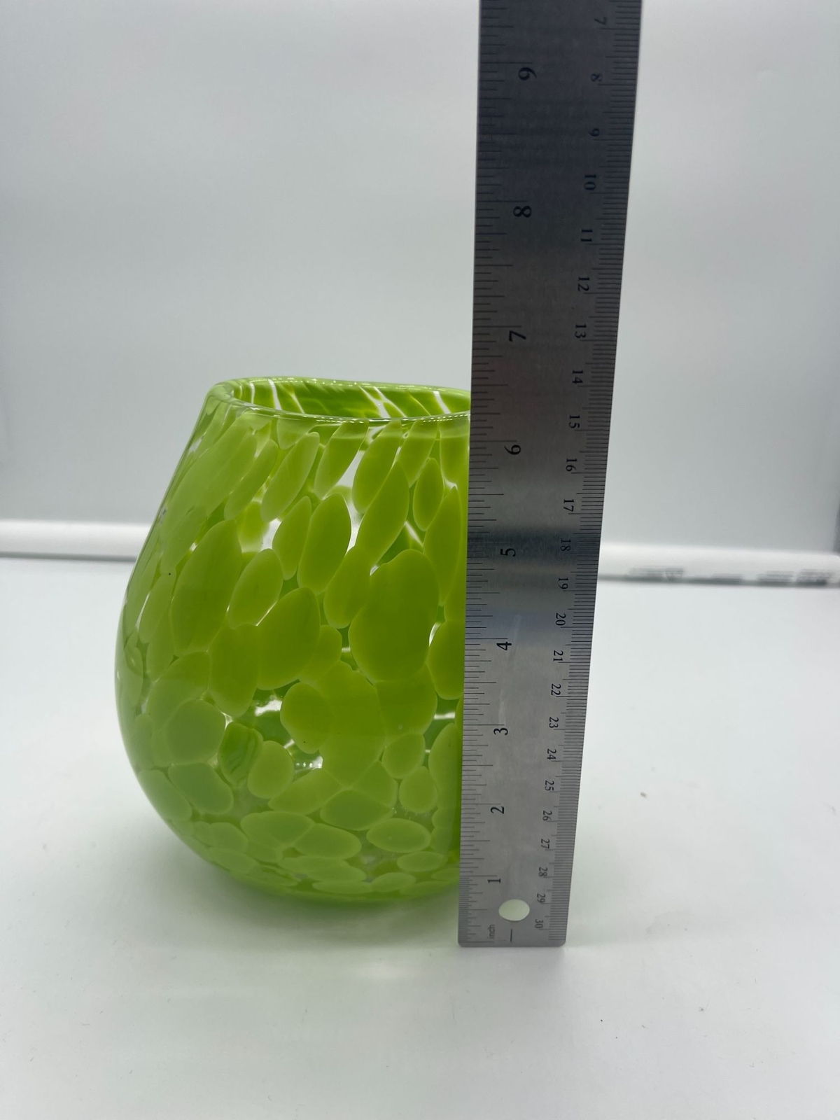Studio Art Glass Hand Blown Vase Lime Green Spotted 6 Inch