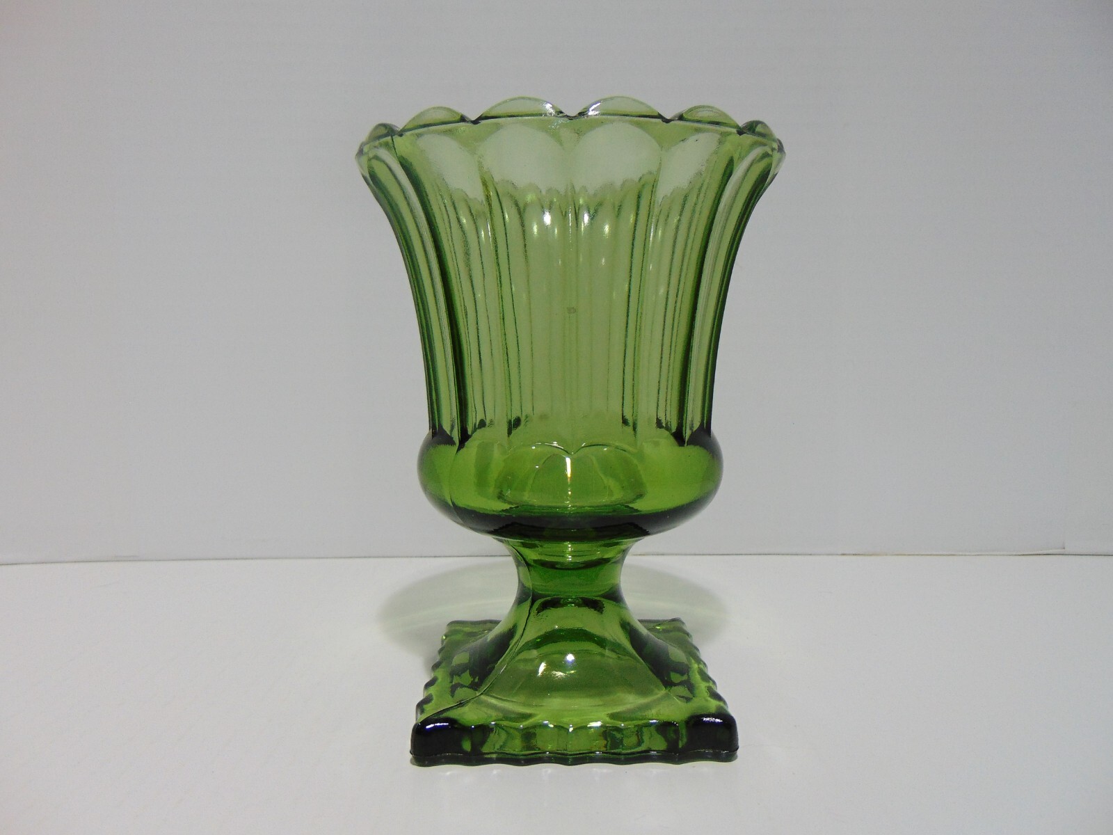 Continental Can Company Glass Vase Urn Round Ribbed Scalloped Edge Square Footed