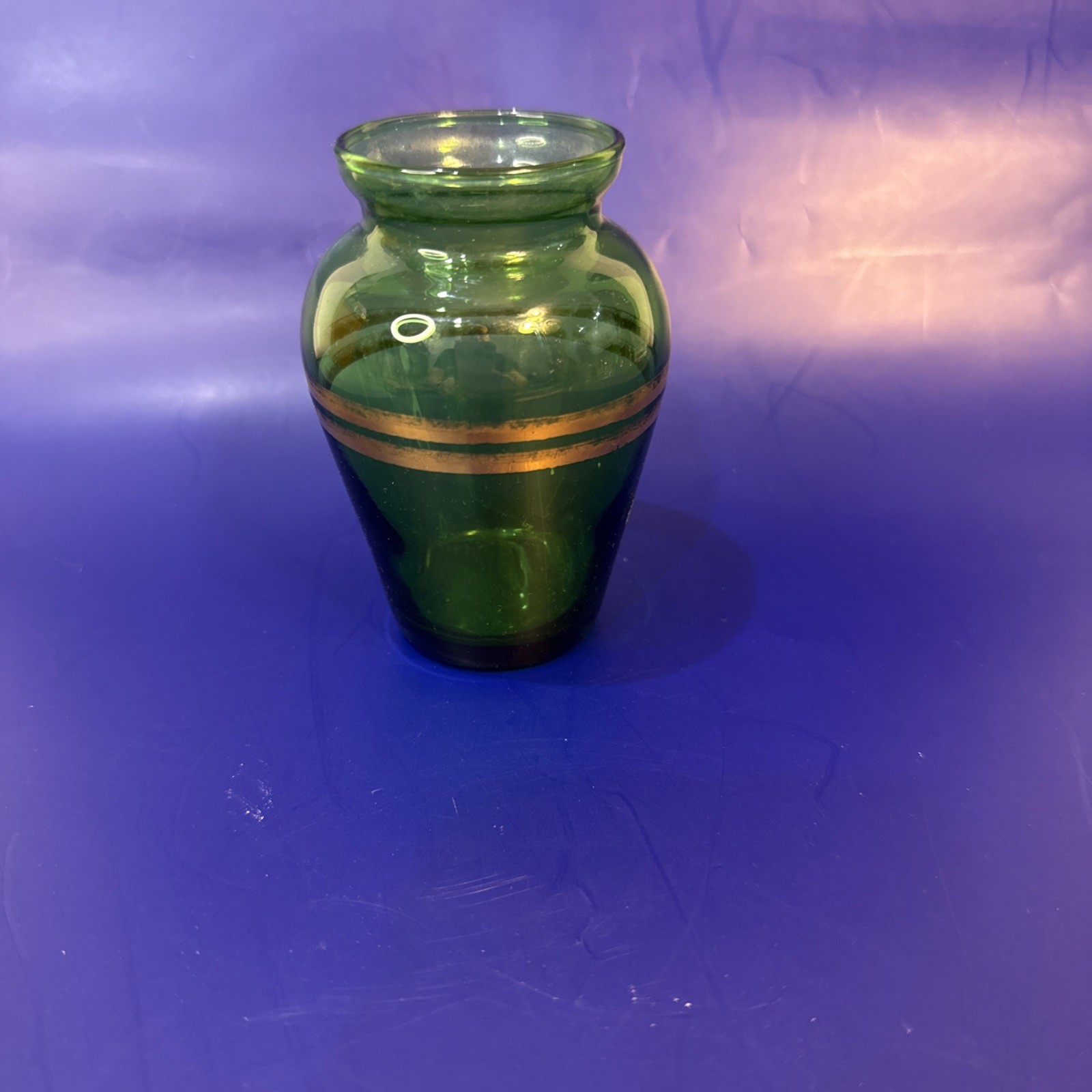 Vintage Anchor Hocking Forest Green Glass Bud Vase Gold Design 3.75″
