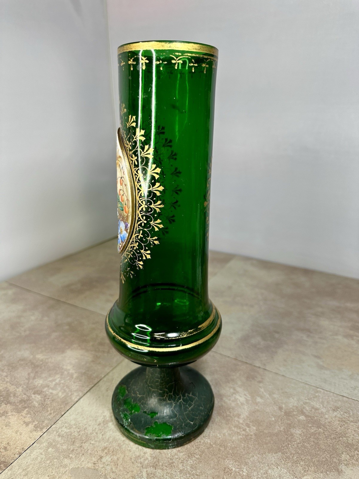Antique 19th C Moser Green Glass Bird & Flowers Gold Gilt Vase Applied Porcelain