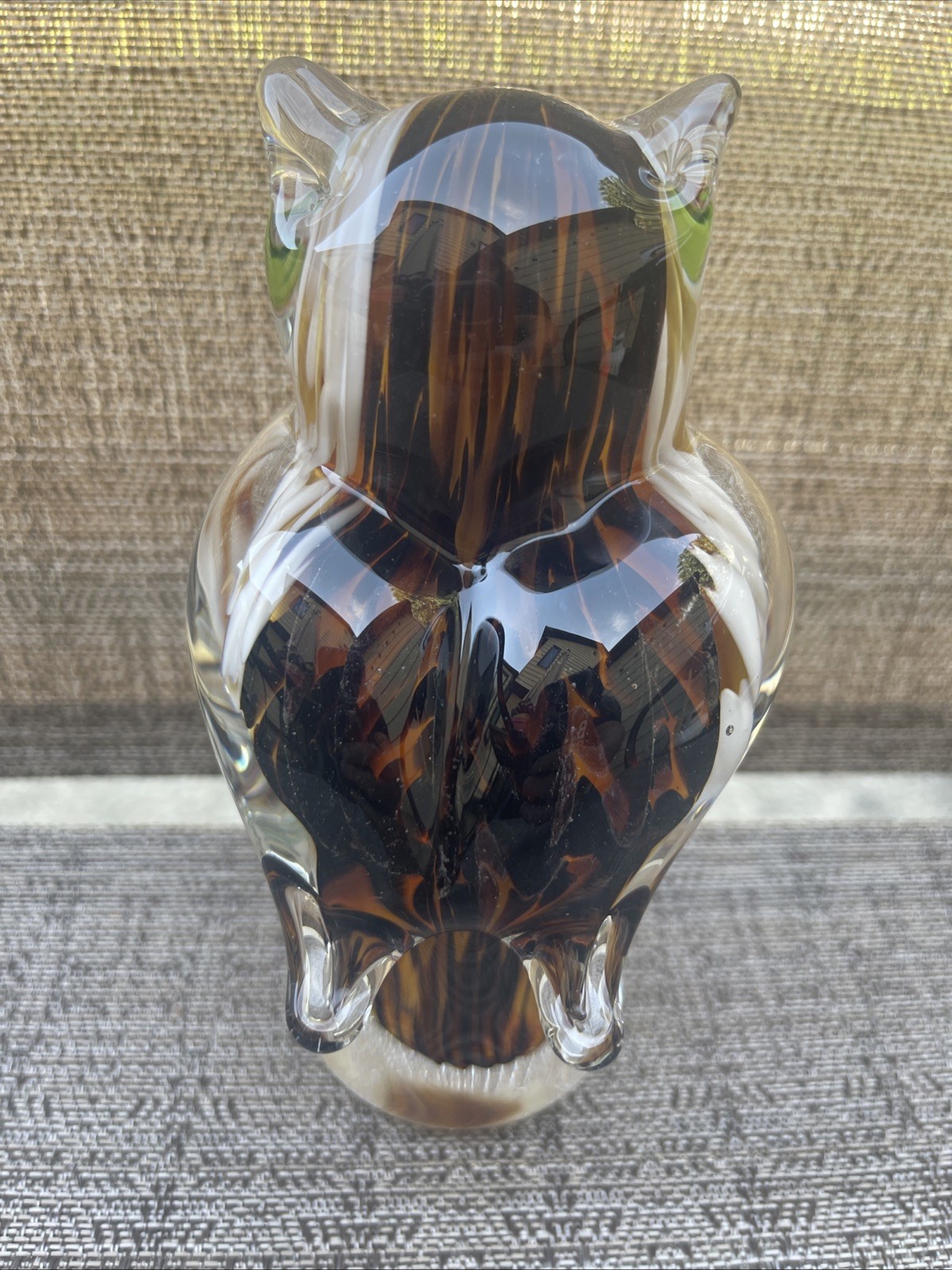 Owl Art Glass Paperweight Figurine 6” Tall White Green Red Brown