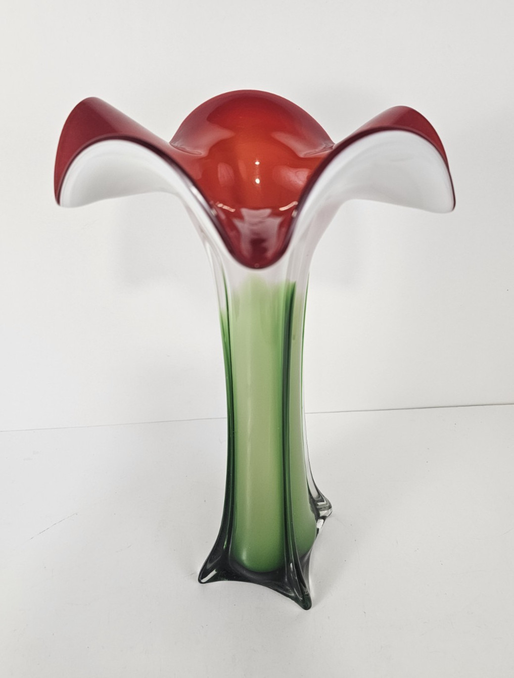 Vintage Hand Blown Tulip Vase Cased Art Deco Glass Trumpet Red White Green 14.5″