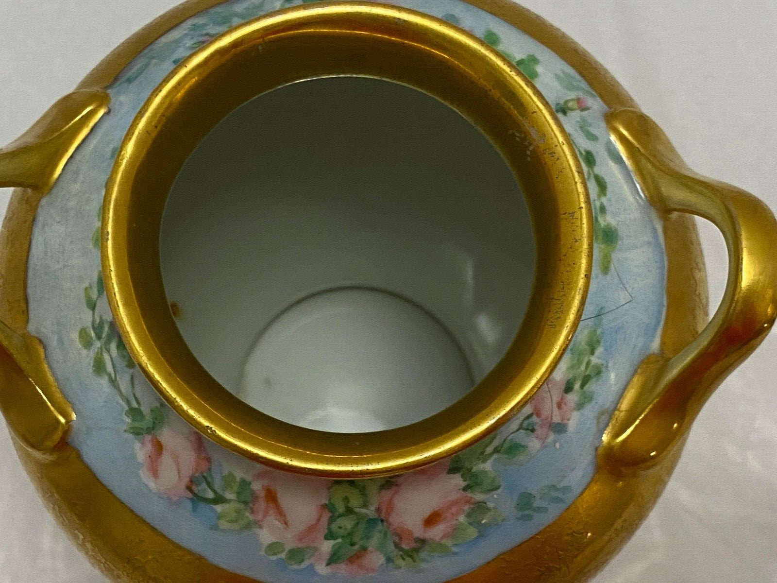 RS Germany VASE Gold Hand Painted Signed Handled Pink Roses Antique 6″ Holman