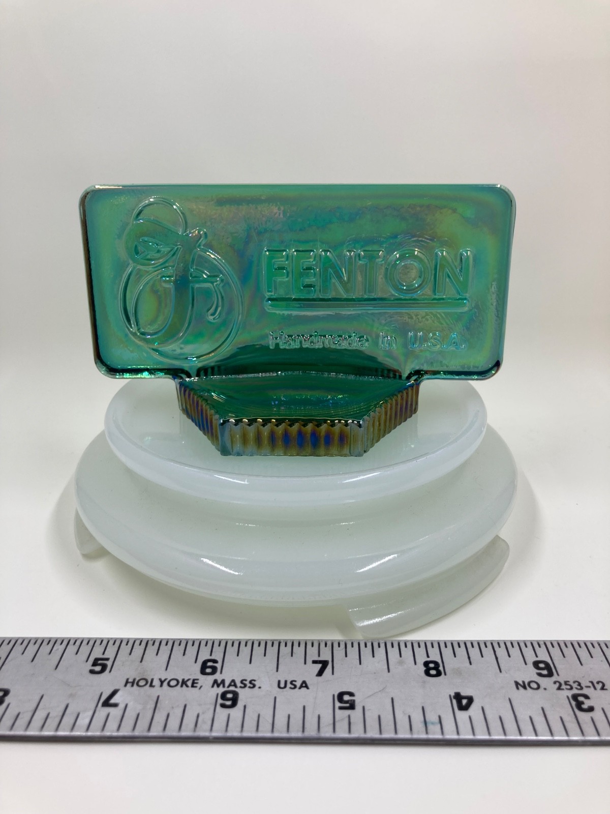 Vintage Fenton Glass Dealer Logo Display Sign Sea Mist Green Iridescent Advert